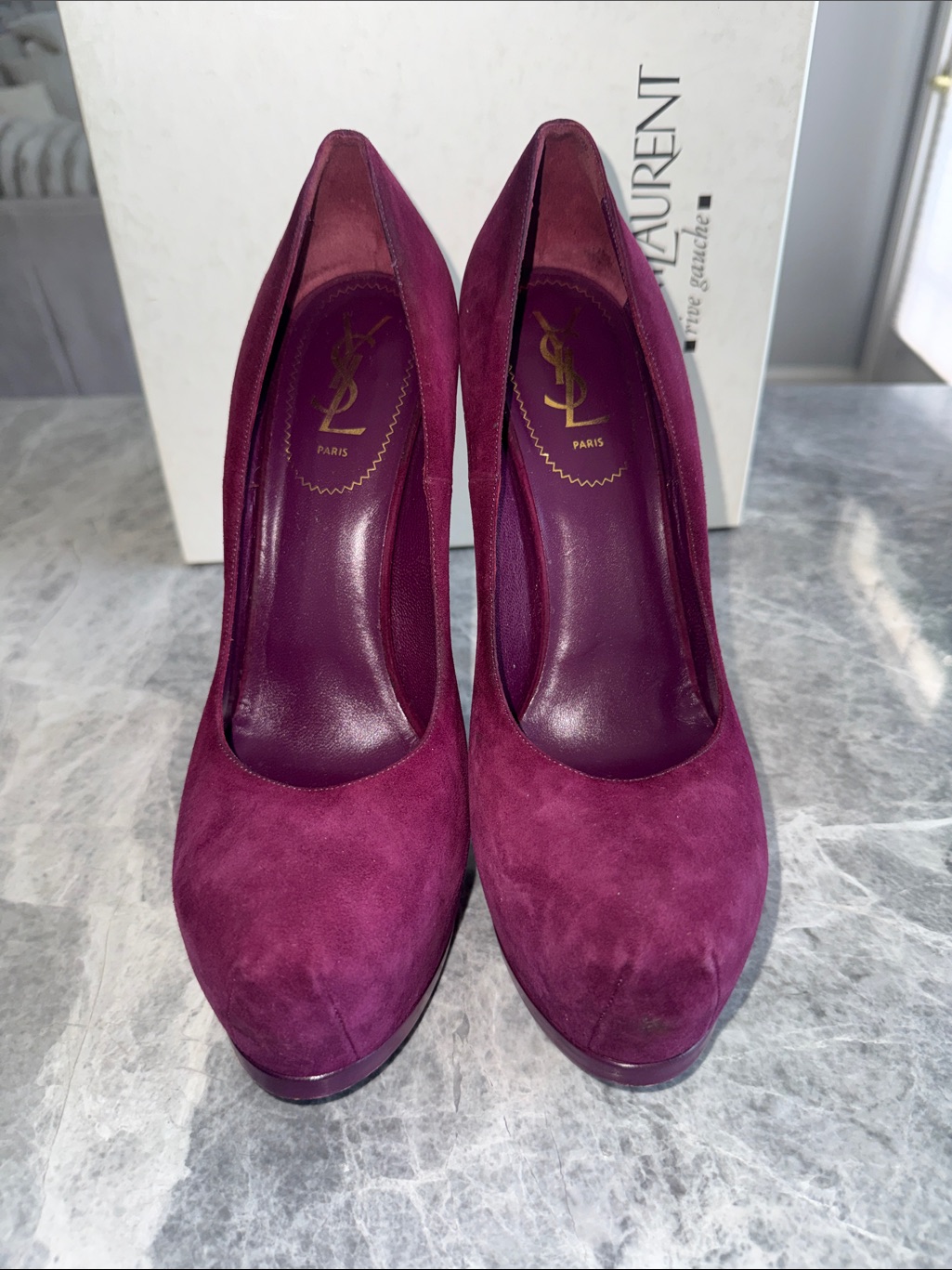 Saint Laurent Plum Suede Platform Pumps